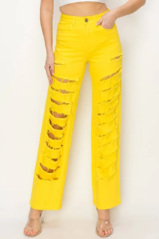 High Waisted Yellow Color Heavy Distressed Wide Leg Jeans