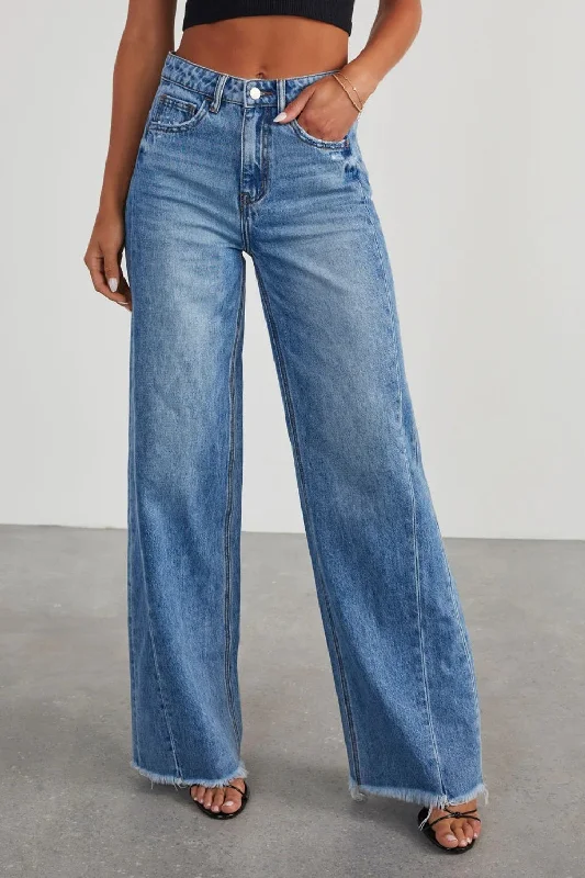 Raw Hem Wide Leg Jeans with Pockets