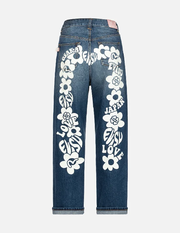 Floral Seagull Plastisol Daicock Print Wide Leg Jeans