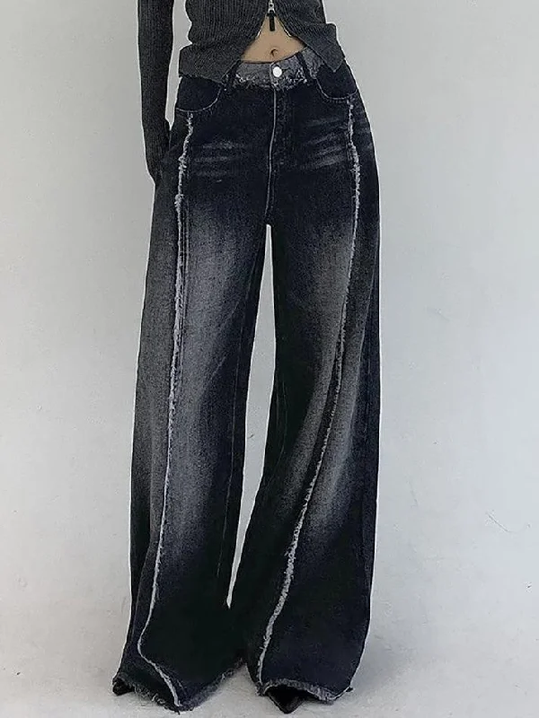 Mid Waist Washed Fray Wide Leg Jeans