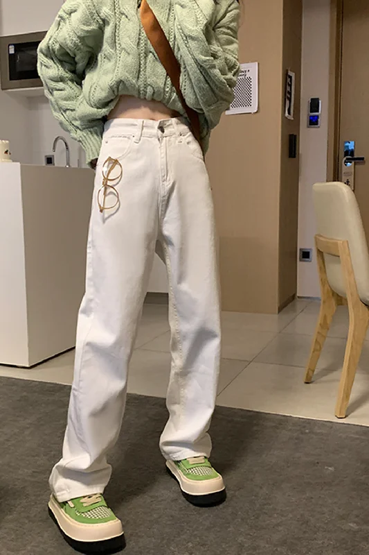 KittenAlarm - High Waist Vintage White Long Jeans Pants