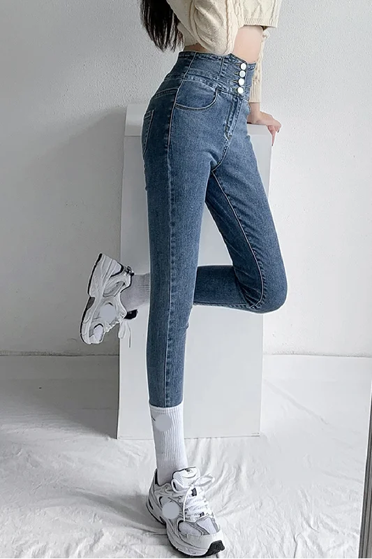 KittenAlarm - High Waist 3 Buttons Skinny Jeans Pants