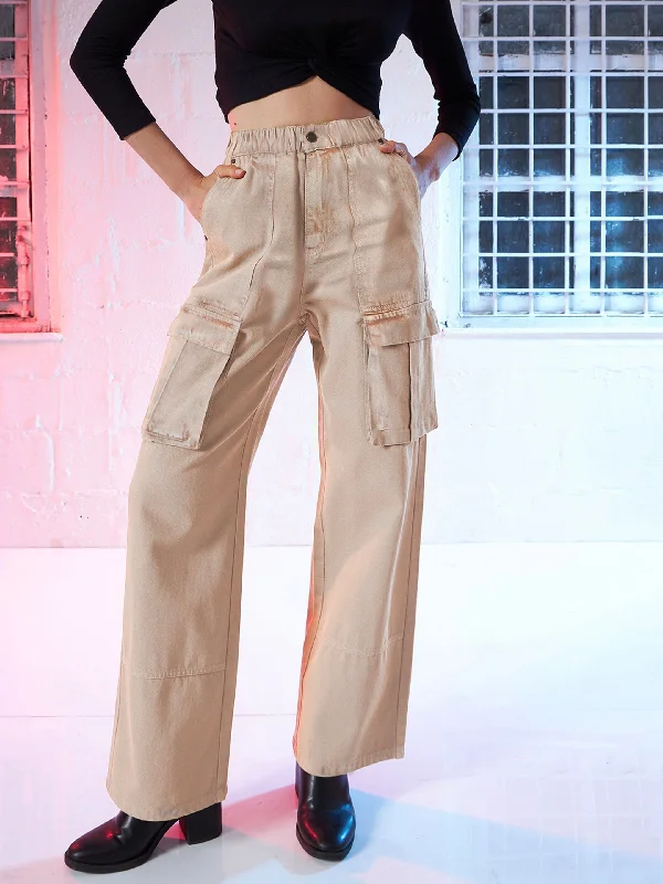 Women Beige Box Pocket Cargo Jeans