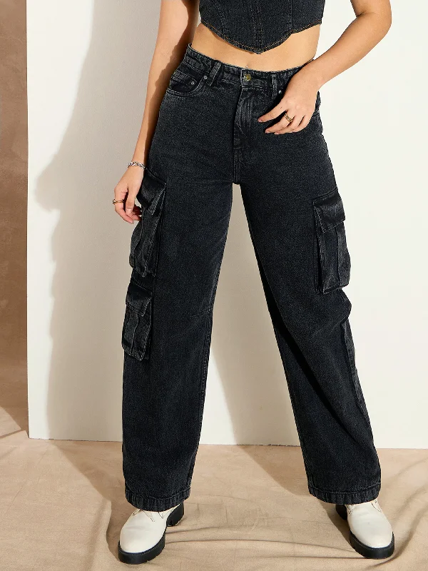 Women Black Washed Denim Cargo Jeans