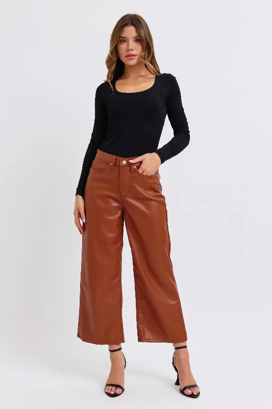 Judy Blue Reg/Plus High Waist Tummy Control Vegan Leather Cropped Wide Leg Jeans