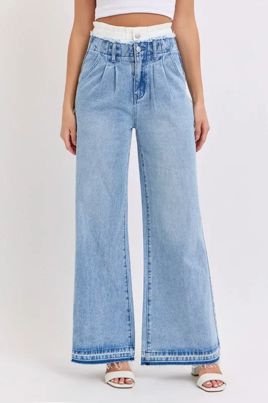 Cello High Rise Double Waistband Wide Leg Jeans