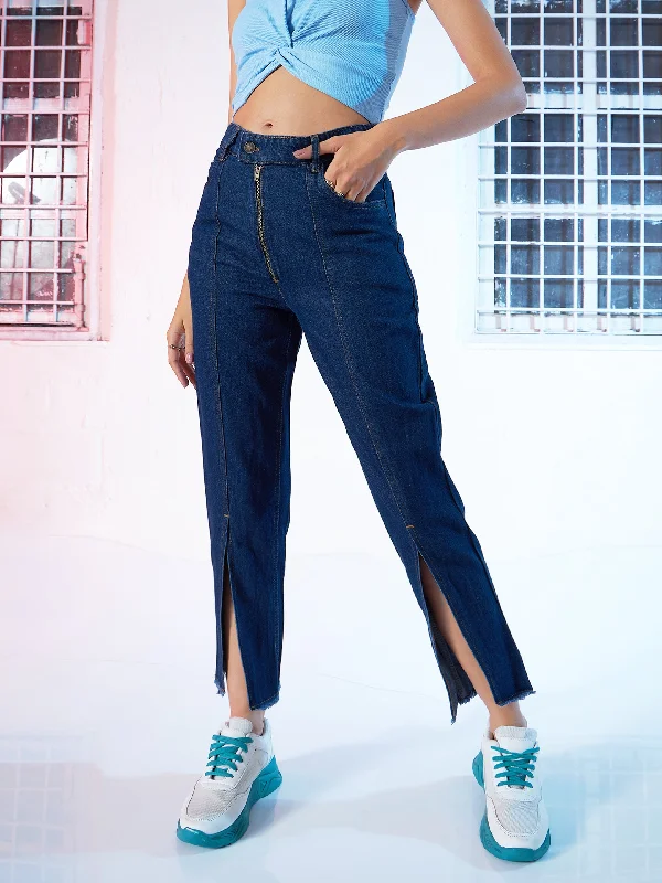 Navy Zipper Fly Mom Jeans