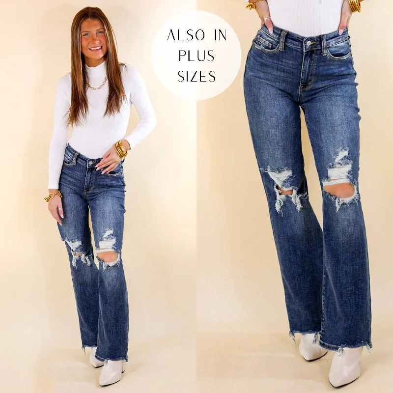 Last Chance Size 22W & 24W | Judy Blue | Afternoon Date 90's Knee Destroy Straight Leg Jeans in Dark Wash