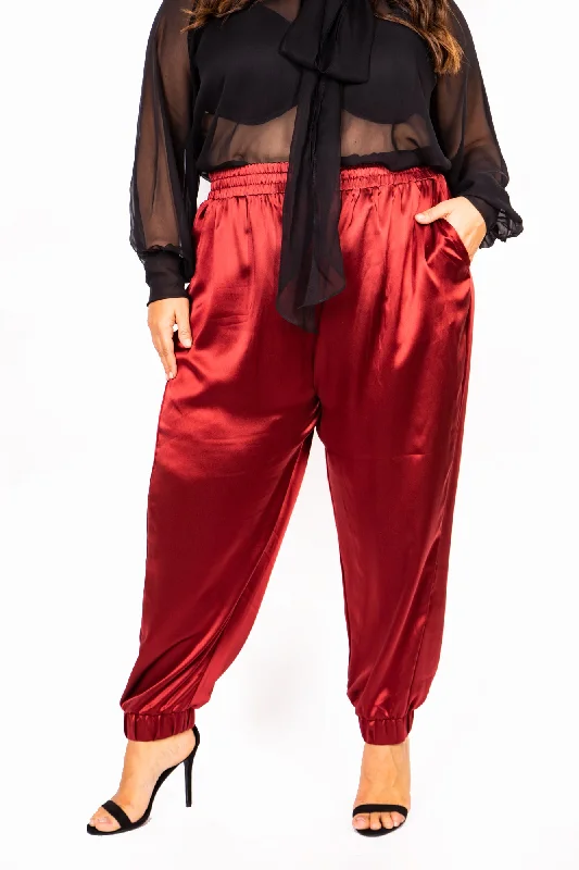 The Wardrobe Hero Italian Silk Jogger Pant in Wine with High Waist