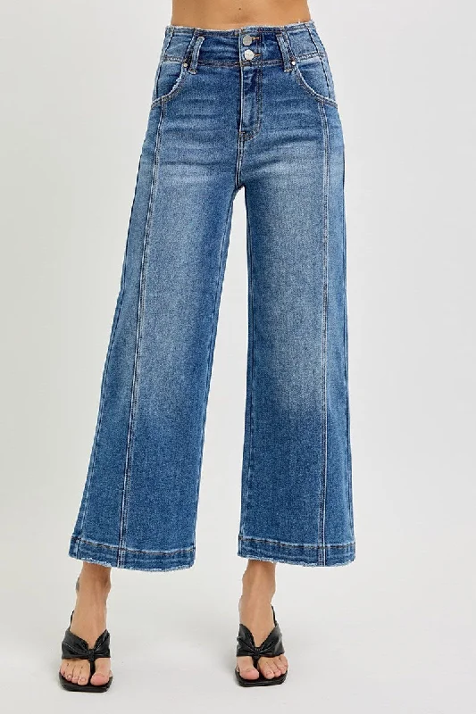 Risen HR Seam Detailed Crop Wide Leg Jeans