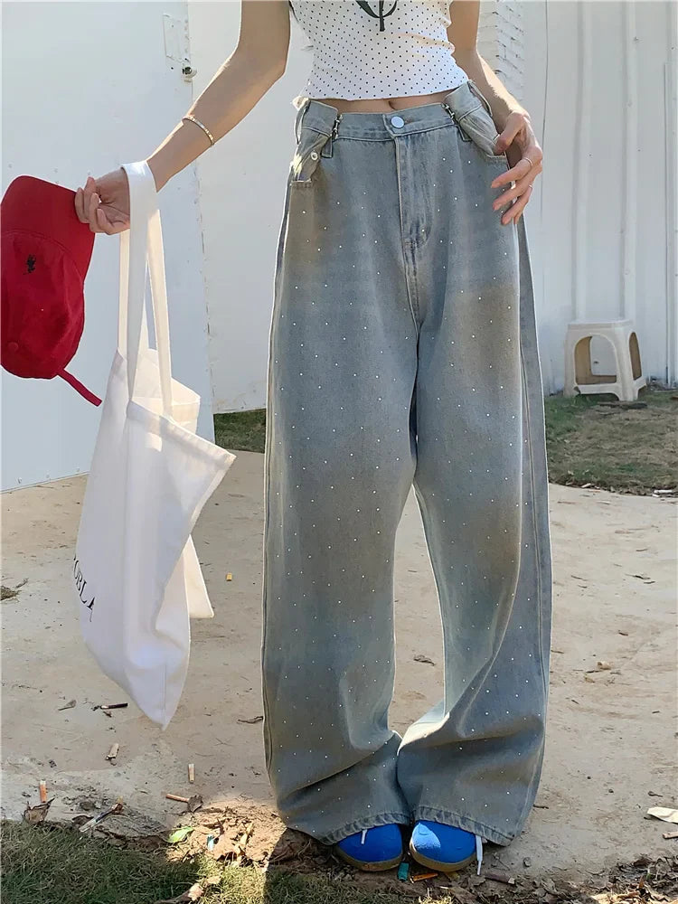 Hot Diamond Retro Streetwear Loose Wide Leg Jeans