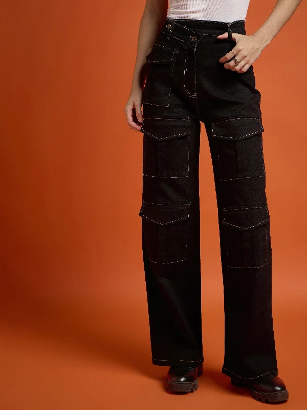 Women Black Cargo Straight Jeans