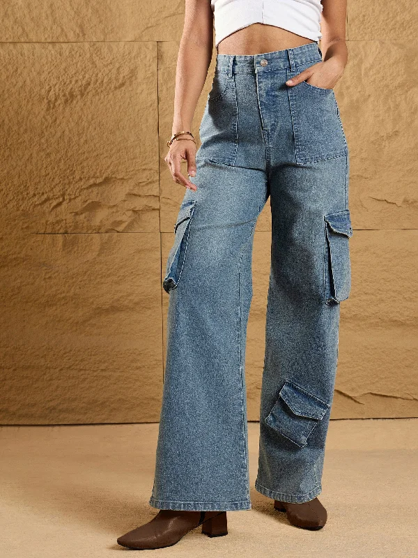 Women Blue Acid Wash Multi Pockets Cargo Jeans