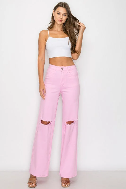 High Waisted Light Pink Color Distressed Wide Leg Jeans