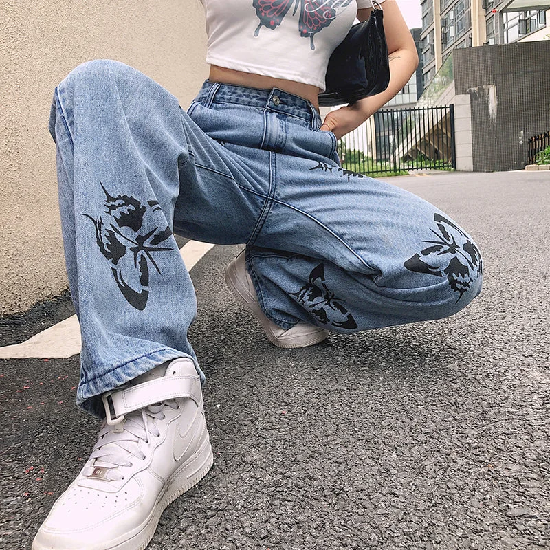 KittenAlarm - High Waist Wide Leg Butterfly Pattern Jeans Pants