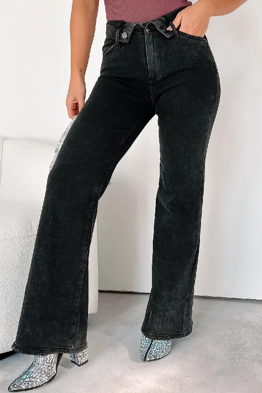 Otto Mid-Rise Folded Waist Risen Wide Leg Jeans (Black)