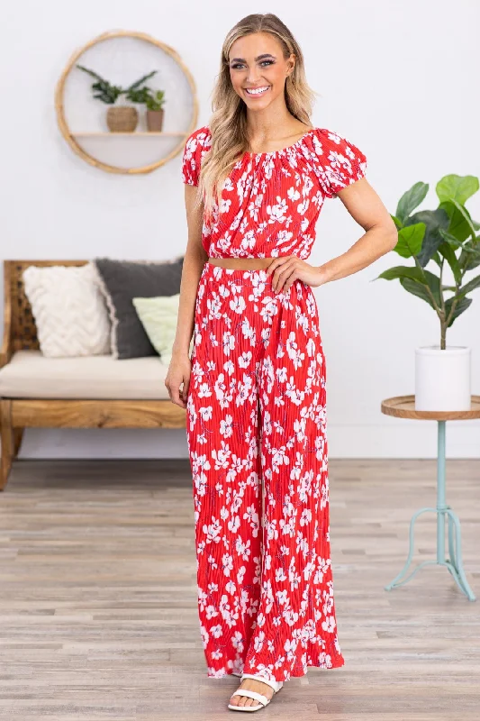 Red Crystal Pleat Floral Print Wide Leg Pants