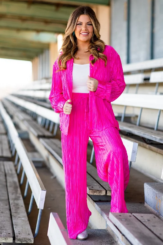 Hot Pink Crystal Pleat Top and Pants Set