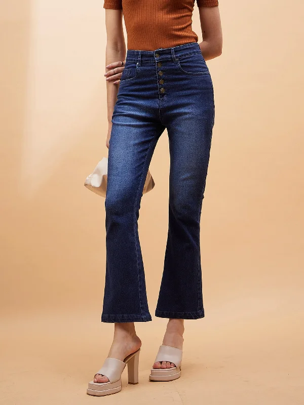 Women Navy Blue Boot Cut Mid Rise Jeans