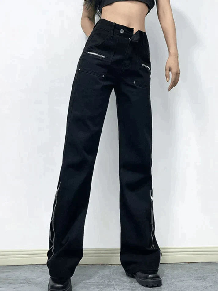 BerryBetty - Zipper Design Black Ankle Flare Cargo Jeans