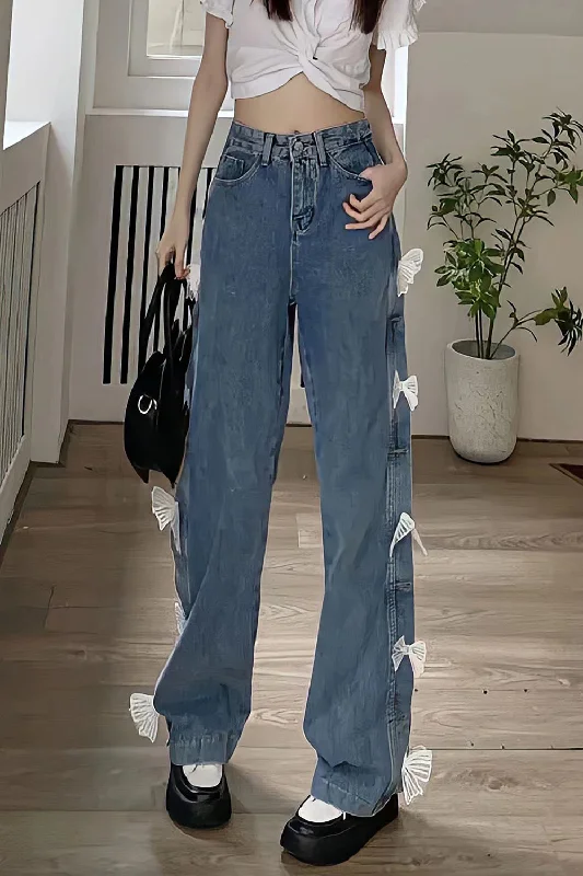 KittenAlarm - High Waist Cute Lace Bow Long Jeans Pants