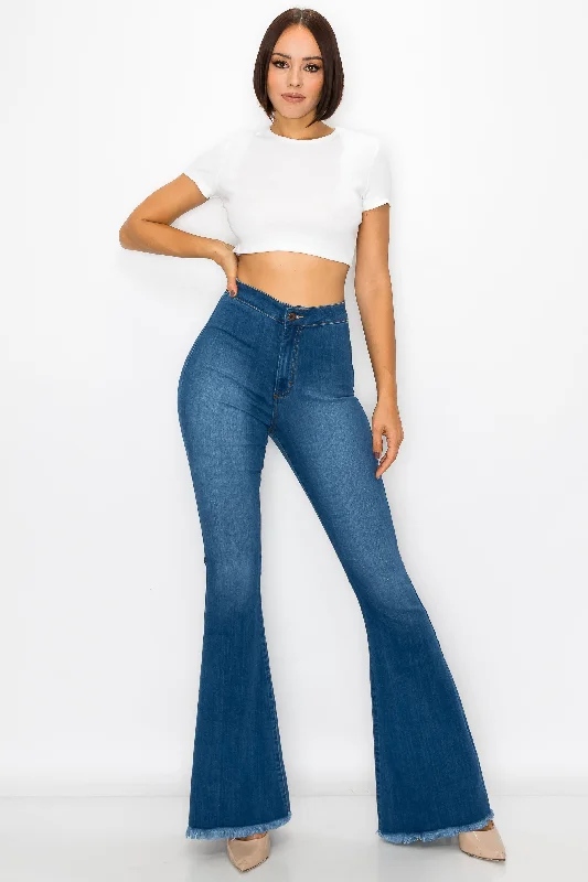 2035 Women's High Waisted Raw Hem Wide Leg Jeans