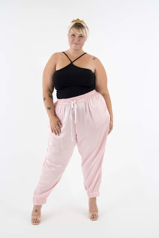 The Wardrobe Hero Italian Silk Jogger Pant with High Waist - Pink