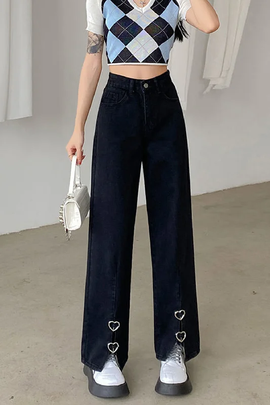 KittenAlarm - High Waist Front Side Split Heart Shape Jeans Pants