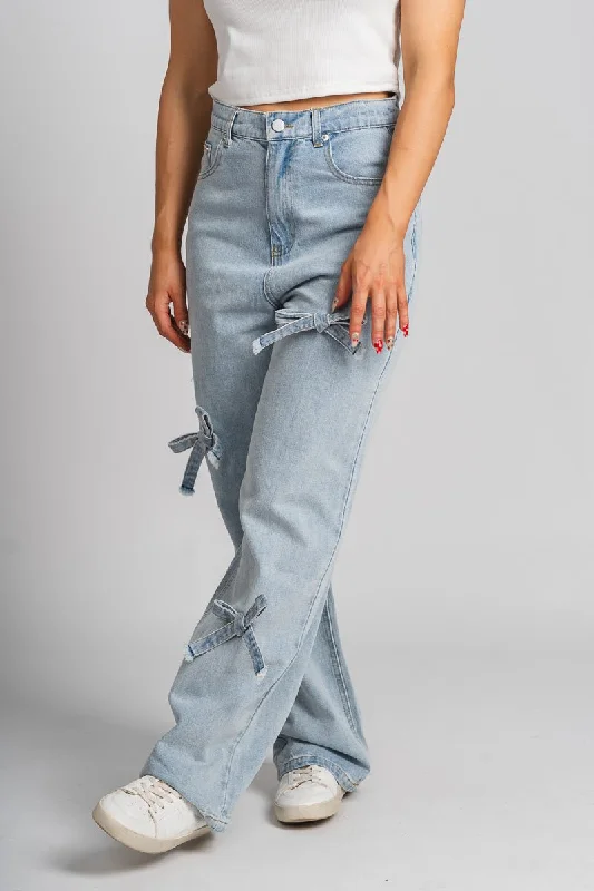 Bow detail wide leg jeans light denim