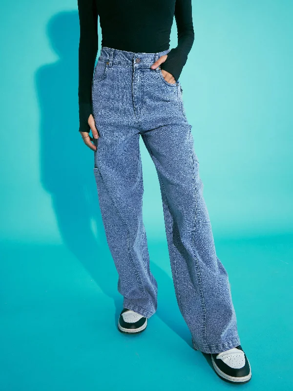 Girls Blue Acid Wash Side Pocket Wide Leg Jeans