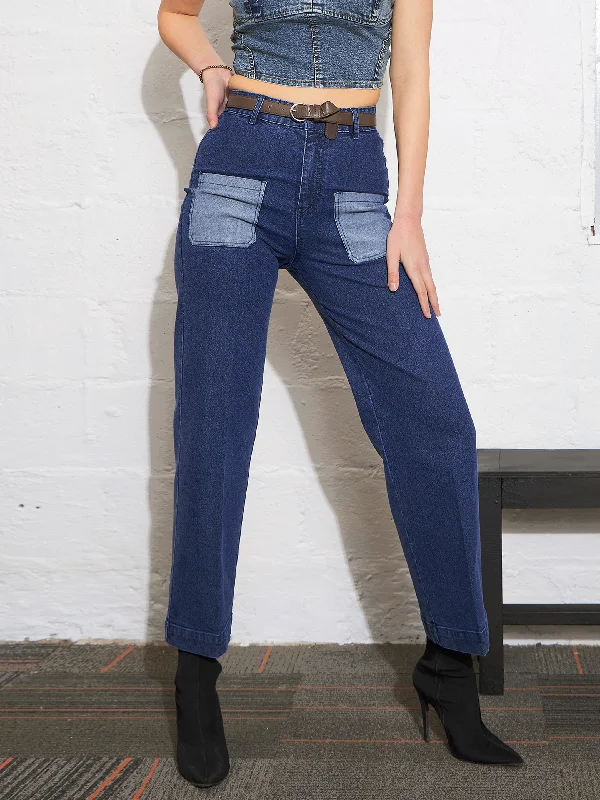 Women Blue Washed Contrast Patch Pocket Straight Jeans