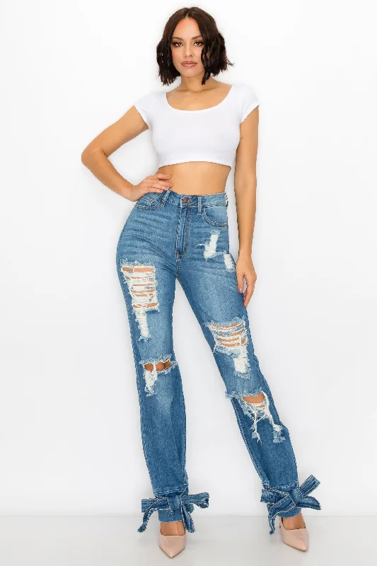 40029 Women's High Waisted Distressed Ankle Ties Wide Leg Jeans