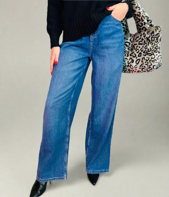 Dark Blue Denim Lyocell Blend Wide Leg Jeans