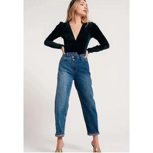 Asymmetrical High Waist Button Jeans