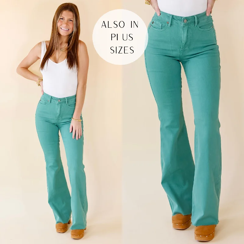 Last Chance Size 13, 15, 14W, 16W, 20W & 22W | Judy Blue | Manifest It Tummy Control Flare Jeans in Topaz Green