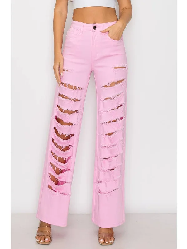 High Waisted Pink Color Heavy Distressed Wide Leg Jeans