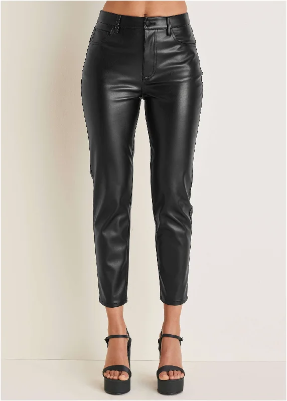 Faux Leather Straight Pants - Black