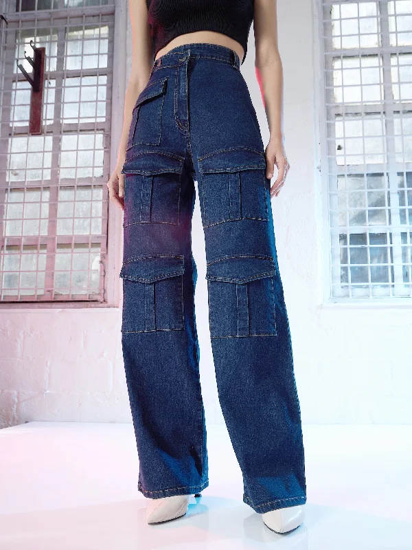 Women Blue Cargo Straight Jeans