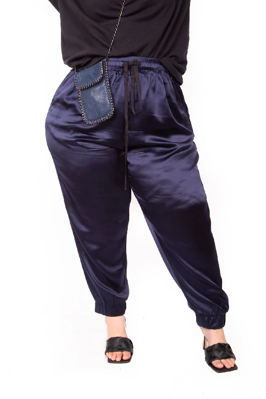 The Wardrobe Hero Italian Silk Jogger Pant in Navy with High Waist