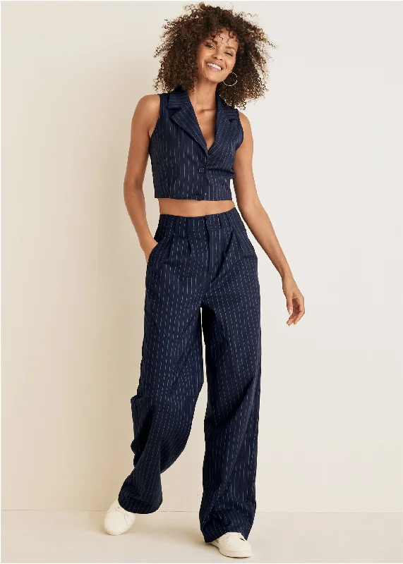 Sleeveless Cropped Suit Set - Navy Multi