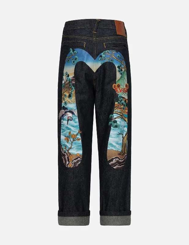 Pine-pattern Daicock Print with Crane and Logo Embroidery Wide Leg Jeans