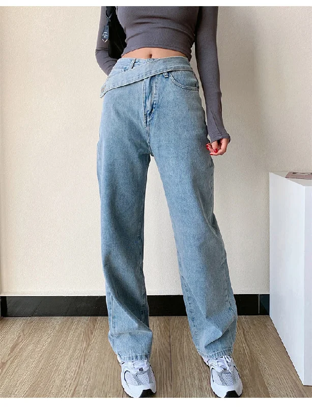 KittenAlarm - High Waist Irregular Zipper Button Wide Leg Jeans Pants