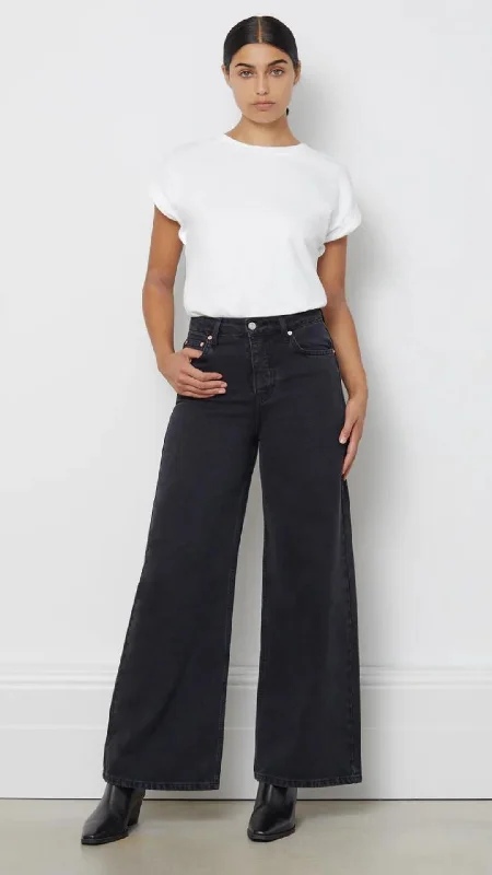 Full Length Wide Leg Jeans Black with Button Fly by Albaray